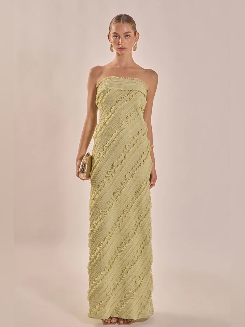 NWT Endless Rose Strapless Ruffled Maxi Dress in Pistachio (size M)